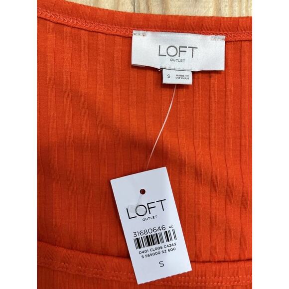 NWT Loft Short Sleeve Shirt Women Medium Orange Scoop Neck Ribbed Stretch Casual - Picture 6 of 8